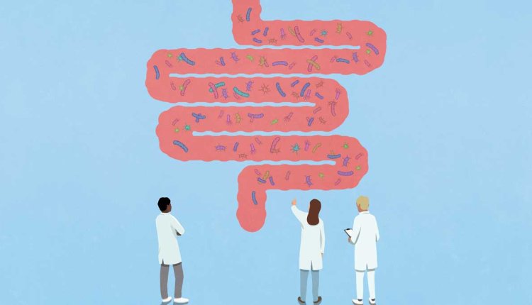 microbioom illustratie met wetenschappers