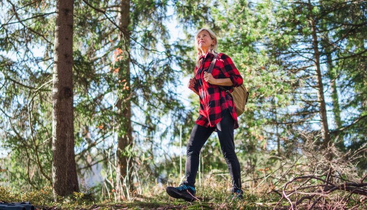 Vrouw loopt ontspannen door de bossen in het herfstzonnetje