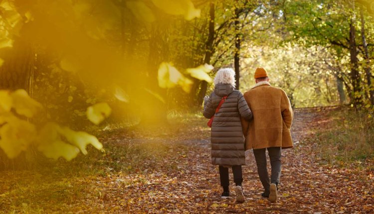 stel loopt in herfstig bos