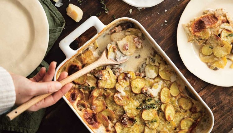 Gratin met spek en kastanjechampignons