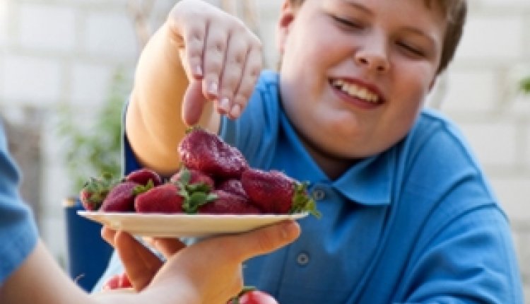 Dikke jongen eet aardbei