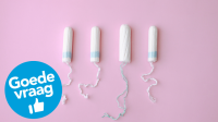 Vier tampons op een rij en de tekst 'goede vraag'