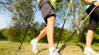 Senior stel doet aan nordic walking in de natuur