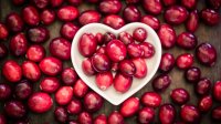 Cranberries in een schaaltje op een houten plank met daarop ook de besjes