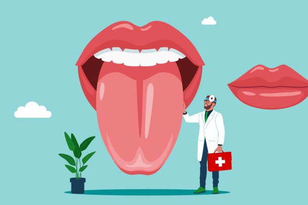 illustratie van een mond met slechte adem en een tandarts of dokter